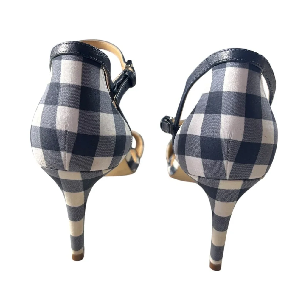 Michael Kors Pippa Sandals Women 9M Admiral Blue White Gingham Bow Stiletto Heel